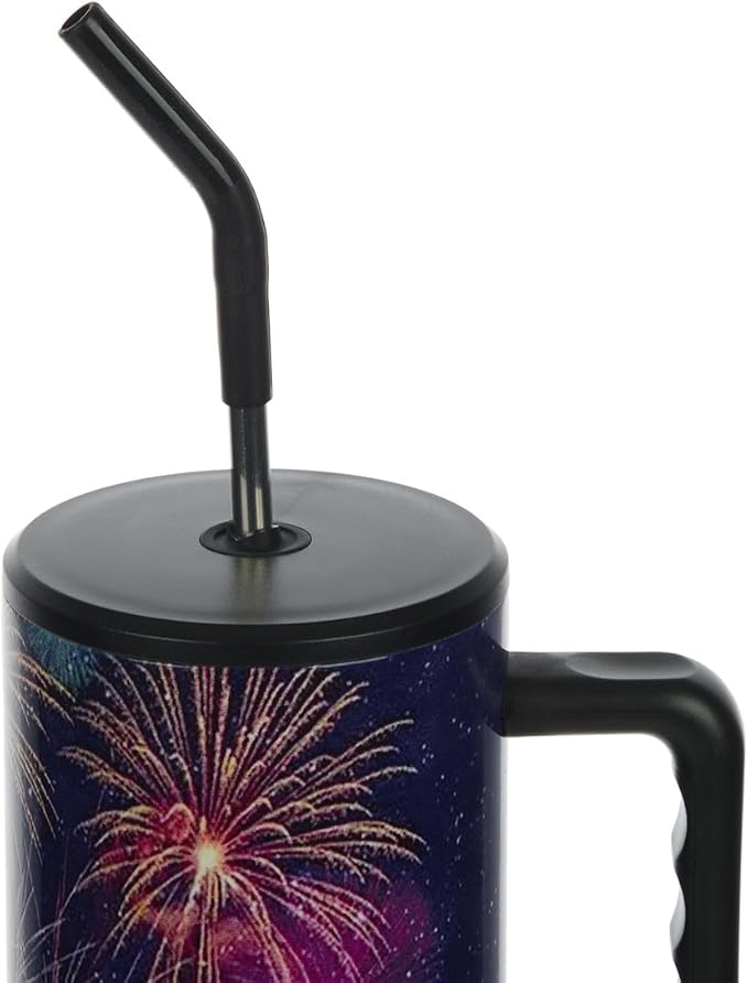Bioworld Americana 40 Oz. Vacuum Insulated Stainless Steel Tumbler with Leak-Proof Lid & Handle, Patriotic Fireworks & American Flag Design for 4th of July or Everyday Travel