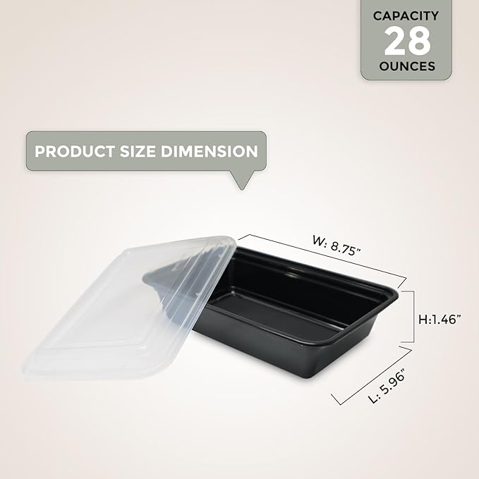 Klex 28 Oz, 50 Sets Meal Prep Containers with Airtight Lids, BPA Free, Reusable Plastic Food Container, 28 oz, Rectangular, Black/Clear, 50 Sets