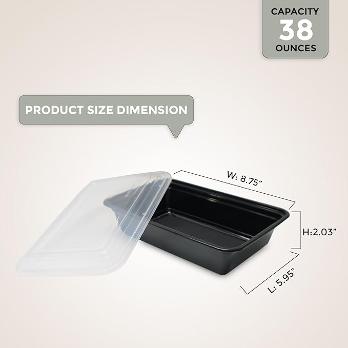 Klex 38 Oz, 150 Sets Meal Prep Containers with Airtight Lids, BPA Free, Reusable Plastic Food Container, 38 oz, Rectangular, Black/Clear, 150 Sets