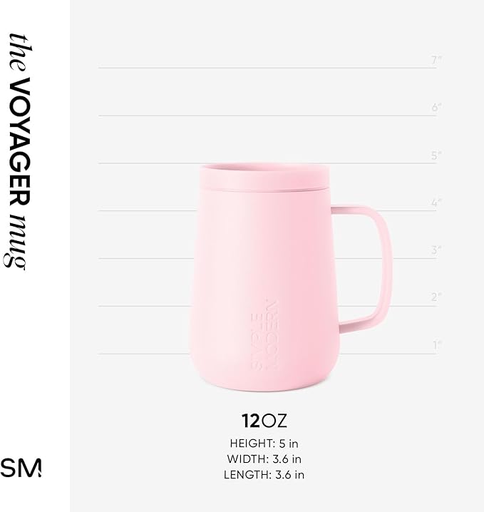 Simple Modern Voyager Signature Mug | Travel Coffee Tumbler with 360° Lid and Handle | Ceramic-Lined Insulated Stainless Steel Iced Cold Brew Cup | 12oz, Blush