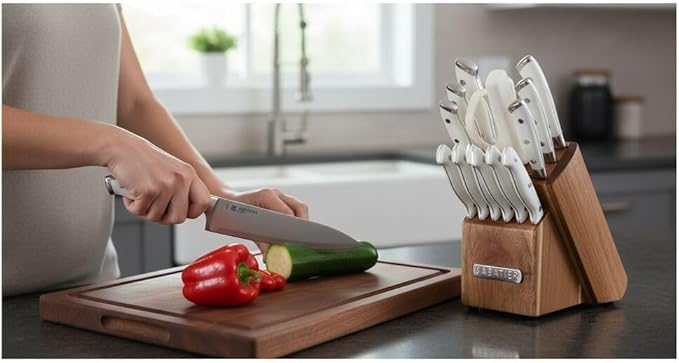 Sabatier 15-Piece Forged Triple Rivet Knife Block Set, High-Carbon Stainless Steel Kitchen Knives, Razor-Sharp Knife set with Acacia Wood Block, White Handles