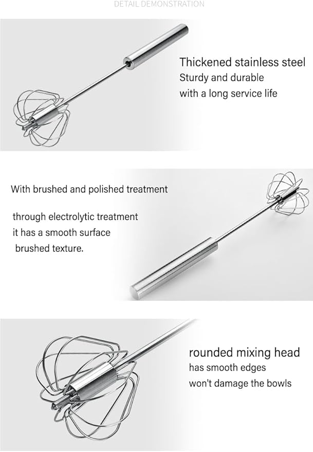 2 PCS Stainless Steel Semi-Automatic Whisk, Hand Push Rotary Whisk Blender, Versatile Milk Frother for Blending, Whisking, Stirring (12 Inch)