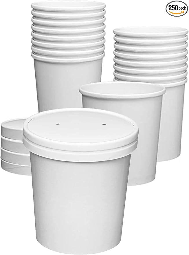 [250 Sets White Paper Food Containers With Vented Lids, To Go Hot Soup Bowls, Disposable Ice Cream Cups (32oz)