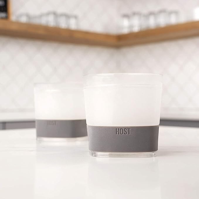 Host Whiskey Freeze Glasses, Double Old Fashioned Glasses, Chill Without Dilution for Brandy, Vodka, Gin, Rum, and Cold Brew Cocktails, Bourbon Gifts for Men, Home Bar, 9 oz, Set of 2, Grey