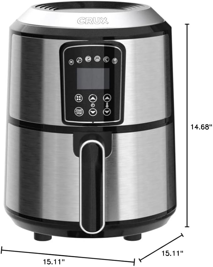Crux 3QT Digital Air Fryer, Faster Pre-Heat, No-Oil Frying, Fast Healthy Evenly Cooked Meal Every Time, Dishwasher Safe Non Stick Pan and Crisping Tray for Easy Clean Up, Stainless Steel