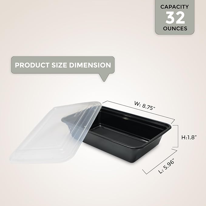 Klex 32 Oz, 50 Sets Meal Prep Containers with Airtight Lids, BPA Free, Reusable Plastic Food Container, 32 oz, Rectangular, Black/Clear, 50 Sets