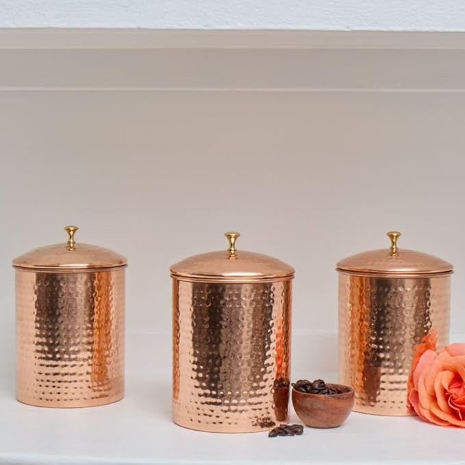 Pure Copper Canisters for Coffee Tea Sugar Flour, Food Storage Containers with Lids, Kitchen Countertop Decor, Kitchen Storage, Hand Hammered, Small (Copper Canister (1))