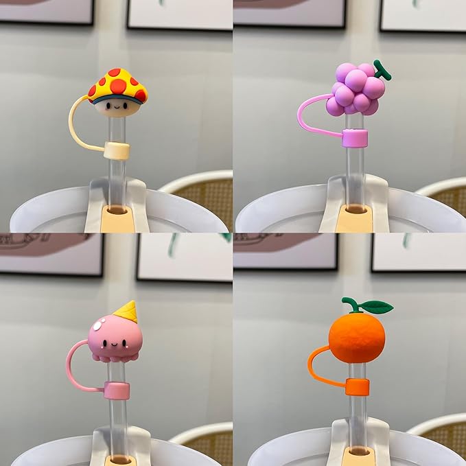 5PCS Straw Cover Cap for Stanley Cup, Silicone Cute Fruits & Food Straw Topper for Stanley 30&40 Oz Tumbler with Handle, 10mm 0.4in Dust-Proof Reusable Straw Tips Lids. (Color 7)