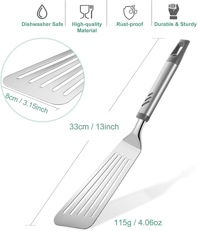 Fish Spatula, Stainless Steel Fish Turner Slotted Metal Spatula for Kitchen Use, Flipper Spatulas for Cast Iron Skillet, Egg, Meat, Cooking and Frying, Dishwasher Safe, Comfortable Handle