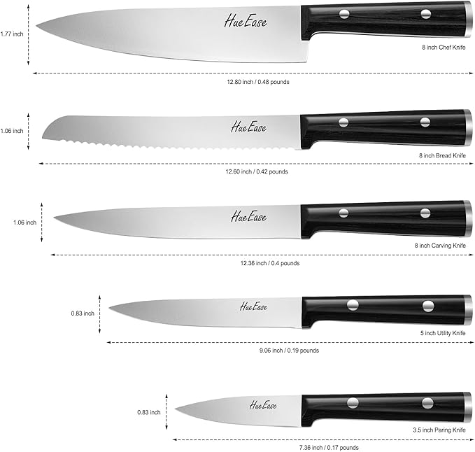 Knife Set,6-Piece Kitchen Knife for Home Use, Sharp Knife Set with Natural Acacia Wood Knife Block, Germen Steel Wood Handle Kitchen Knife Block Set, Ergonomical Design ((Ink-black))
