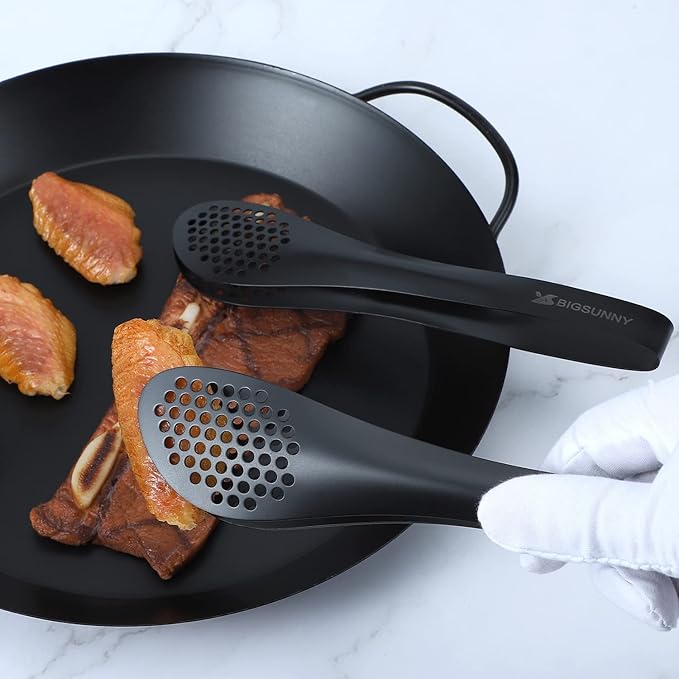 MSY BIGSUNNY Stainless Steel Buffet Tongs - Kitchen Food Tong for Cooking and Serving (Black - 9" Serving Tongs)