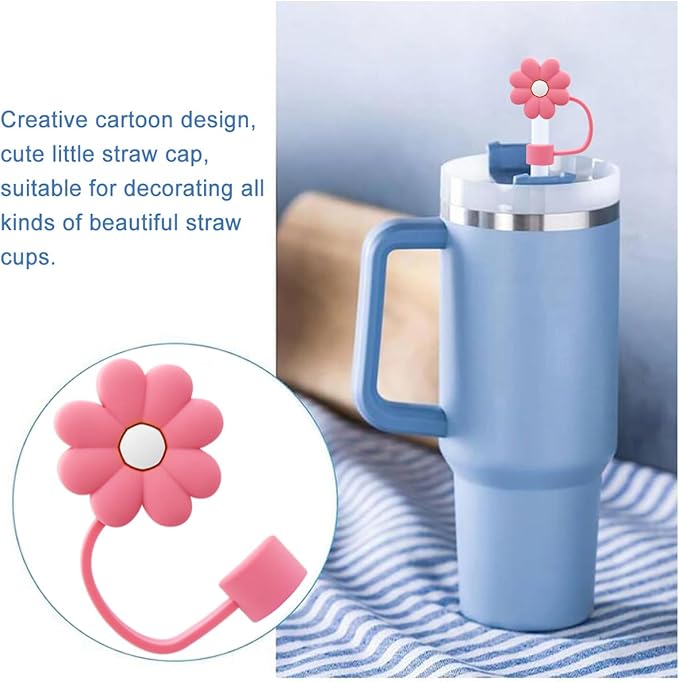 Flower Straw Cover Cap for Stanley Cup Silicone Straw Topper Compatible with 30 and 40 Oz Tumbler with Handle,Straw Tip Covers 10 mm 0.4 in for Straw Tip Covers (5Pcs-Flower-StrawCover)