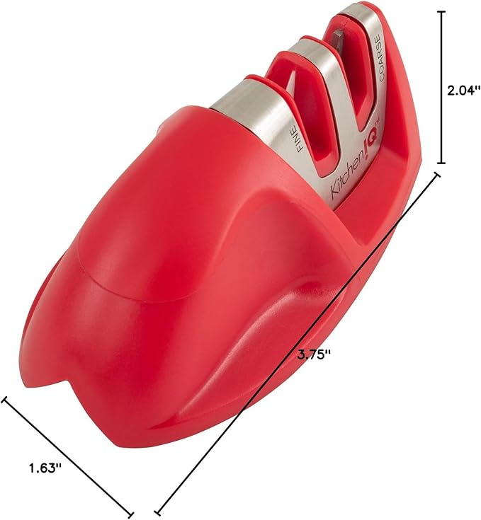 KitchenIQ 50883 - Edge Grip 2-Stage Knife Sharpener - Red - Coarse & Fine Sharpeners - Compact - Stable Non-Slip Base - Soft Grip Rubber Handle - Straight & Serrated Knives