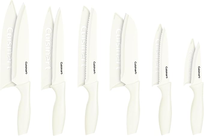 Cuisinart Knife Set, 12pc Ceramic Coated Knife Set with 6 Blades & 6 Blade Guards, Lightweight, Stainless Steel, Durable & Dishwasher Safe (Cream)