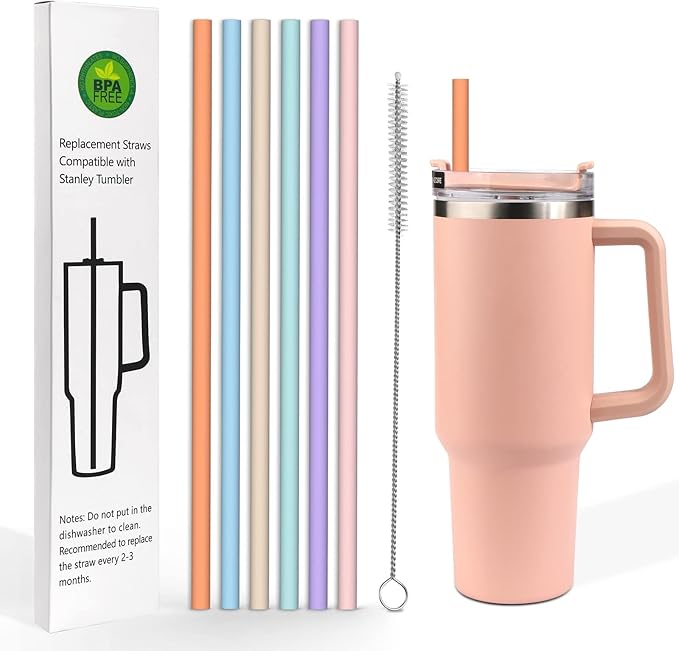 AIERSA 6 Pack Pastel Colors Straw for 40oz Stanley Cup with Handle,Reusable Silicone Straws Compatible Stanley 20 30 40oz Tumbler,Long Straw with Cleaning Brush for Stanley Cup Accessories