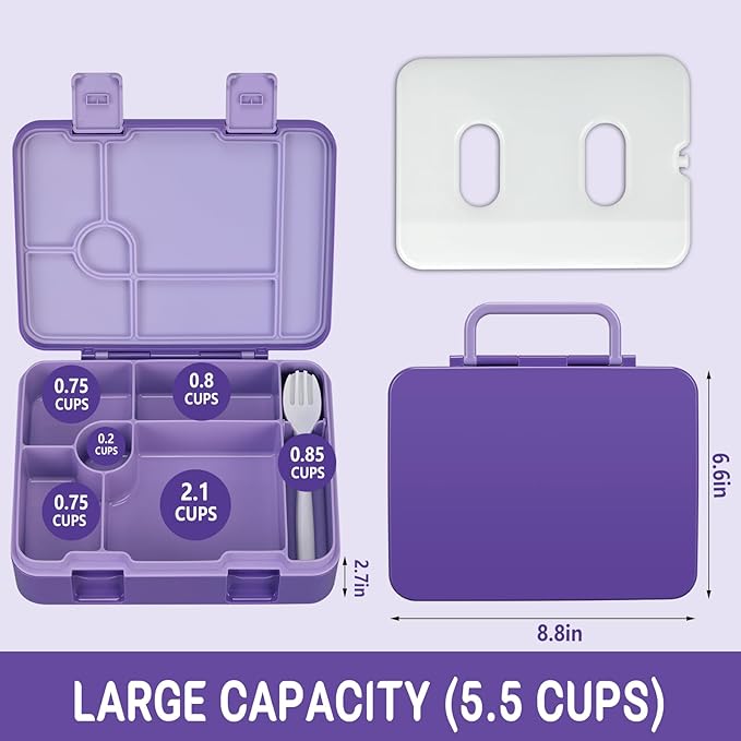 Kids Bento Lunch Box with Ice Pack, 5 Compartments Leak-Proof Bento Box with Utensils, 5.5-Cup Capacity for Adults & Ages 8+, BPA Free, Microwave & Dishwasher Safe, Purple