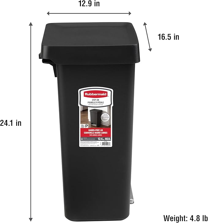 Rubbermaid Step-On Kitchen Trash Can with Lid, 12.4 Gallon, Black, Garbage Container for Home/Kitchen/Apartment/Garage