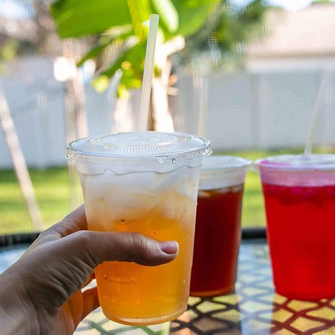 SafeWare Disposable 16oz Clear Plastic Cups with Flat Lids and Straws 400 Sets (4 box of 100)