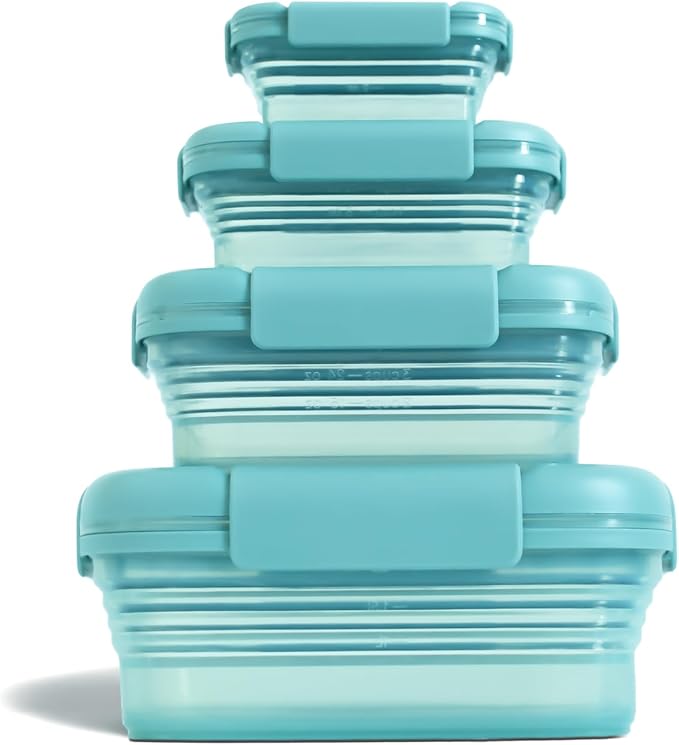 Stojo Nestable Collapsible Food Storage Container -Set of 4, Eucalyptus- Leak-Proof Airtight Seal Made With Food Grade Silicone For Meal Prep, Lunch Box, Pantry Organizer - Microwave & Dishwasher Safe