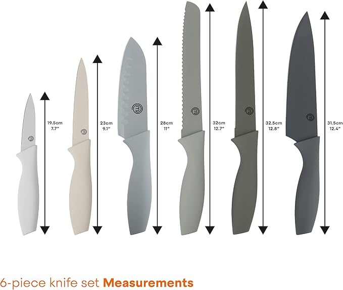 MasterChef Kitchen Knife Set with Covers, 6 Professional Chef Knives for Home Kitchens, Extra Sharp Cutting Stainless Steel Blades & Protective Sheaths, Soft-Touch Easy-Grip Handles, Earth Greys