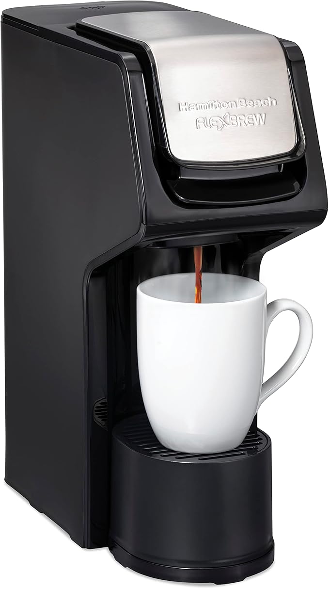 Hamilton Beach 49918 FlexBrew Single-Serve Coffee Maker Compatible with Pod Packs and Grounds, 14 oz, Black, Stainless - Fast Brew