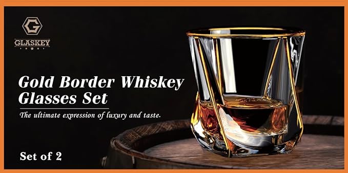 GLASKEY Crystal Whiskey Glasses Set of 2 with 24K Gold Rim,Bar Glasses,Twisted Whiskey Glass Gold Collection for Bourbon,Scotch and Wine,Rock Barware for Men Gift - 8oz