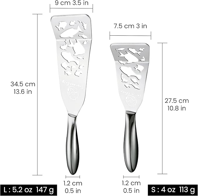 Stainless Steel Fish Spatula Set – Funky Fish Edition, 1 Large Fish Turner + 1 Small Metal Spatula, Ultra Thin Edge for Easy Turning & Flipping, Ergonomic Non-Slip Handle, Dishwasher Safe