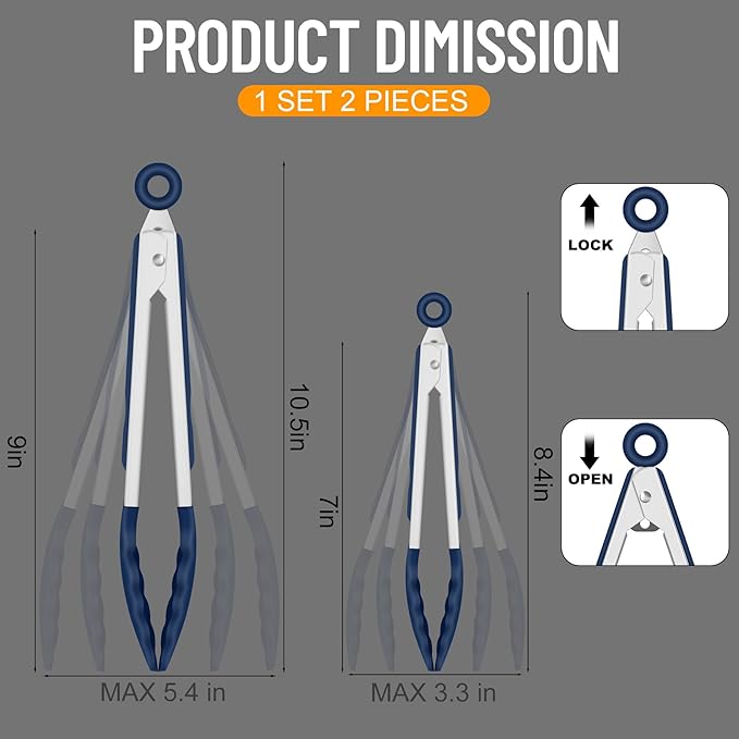 HOTEC Premium 7 & 9 Inch Kitchen Tongs, Stainless Steel Locking Cooking Tongs with Silicone Tips, Non-Scratch & Heat Resistant, Serving Tongs for Salad, BBQ, Classic Blue, Set of 2