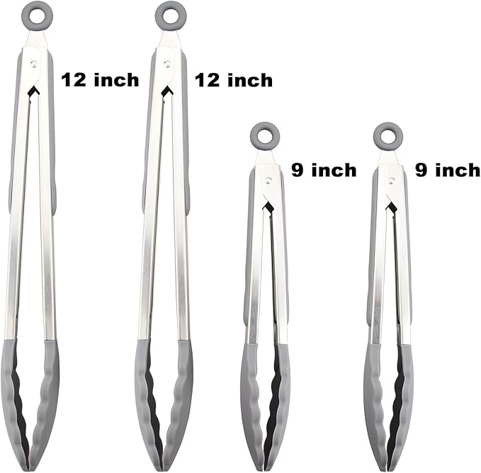 4 Pack Aqua Sky Kitchen Tongs, Premium Silicone BPA Free Non-Stick Stainless Steel BBQ Cooking Grilling Locking Food Tongs, 9-Inch & 12-Inch