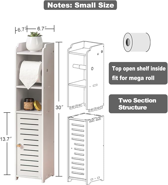AOJEZOR Toilet Paper Holder Stand: Bathroom Storage Cabinet Beside Toilet for Small Space Bathroom with Toilet Roll Holder - White