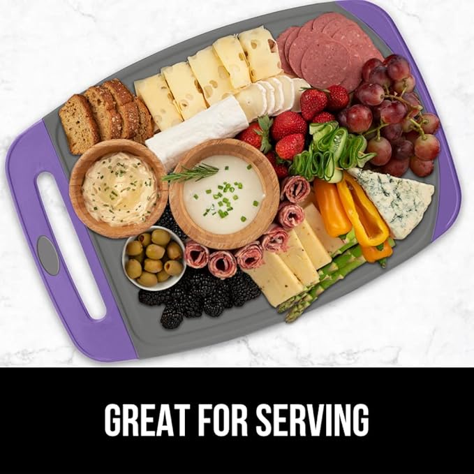 GORILLA GRIP BPA-Free Reversible Kitchen Cutting Board Set of 3, US Designed, Nonporous, Juice Grooves Catch Liquid, Slip Resistant Border, Dishwasher Safe, Durable Food Chopping Boards, Purple Gray