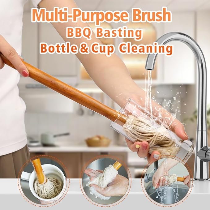 12" BBQ Sauce Basting Mops & Brushes for Roasting or Grilling, Apply Barbeque, Marinade or Glazing, Cotton Fiber Head and Hardwood Handle, Dish Mop Style, Perfect for Cooking or Cleaning - Pack of 3