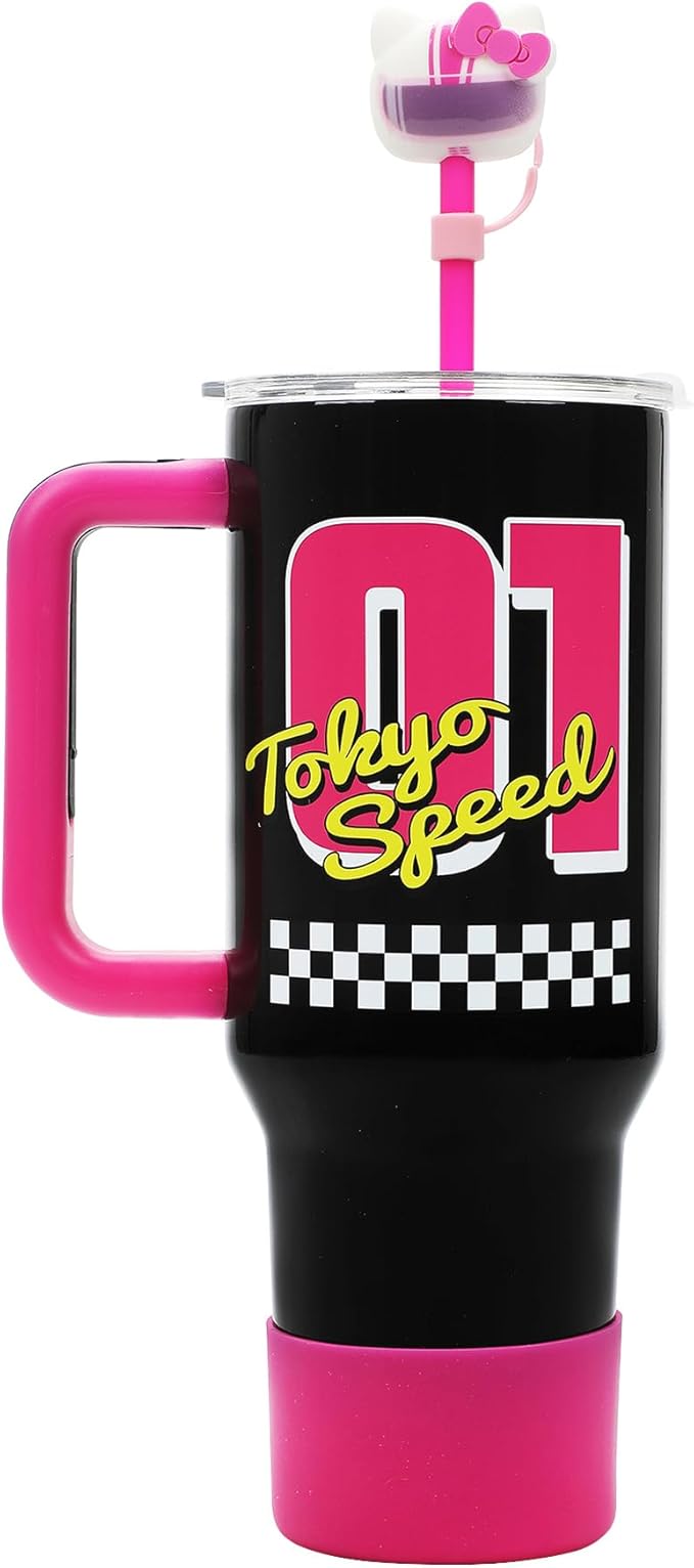 Bioworld Hello Kitty Race Car 40 Oz Black & Pink Stainless Steel Tumbler With Handle