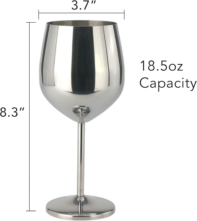 PG Set of 4 Stainless Steel Wine Glass - 18.5oz Silver Mirror Finished Wine Glasses - Unbreakable Wine Glasses - Stem Metal Wine Goblets