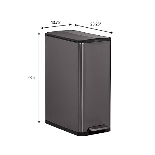 Rubbermaid Elite Stainless Steel Slim Step-On Trash Can 12 Gallon Charcoal Wastebasket for Home/Kitchen/Garage/Apartment/Office