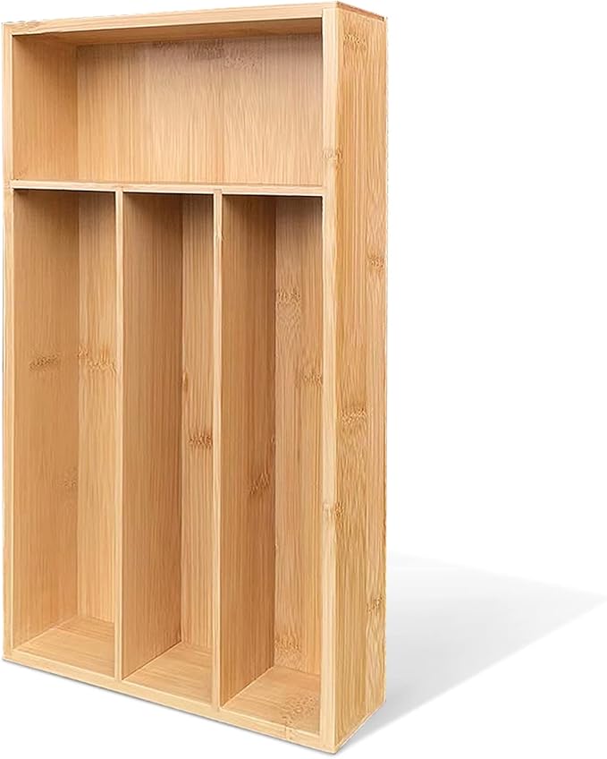 Bamboo Silverware Organizer, Kitchen Drawer Organizer, Silverware Utensil Tray Holder for Flatware Cutlery Knives, Forks, Spoons (4-Slots) (Natural)