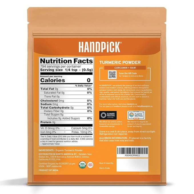 HANDPICK, Organic Turmeric Powder with Curcumin (397g/14oz) | Authentic Indian Origin | Gluten Free | Made from Turmeric Root