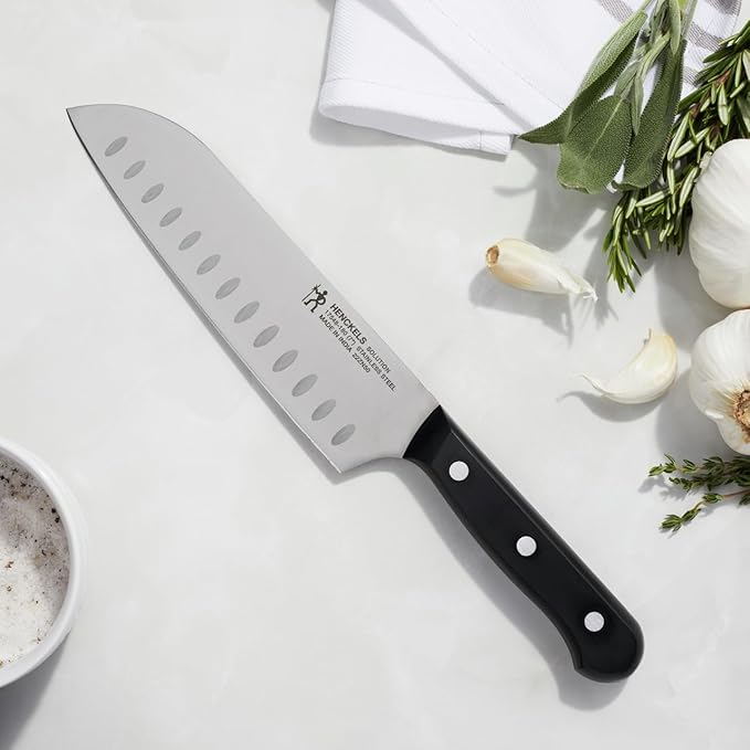 HENCKELS Solution Razor-Sharp Hollow Edge Santoku Knife 7 inch, German Engineered Informed by 100+ Years of Mastery, Black/Stainless Steel
