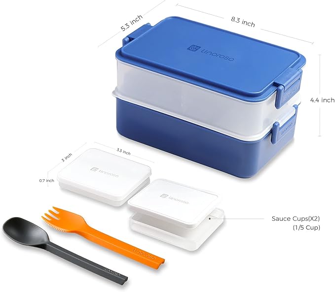 linoroso Stackable Bento Box Adult Lunch Box | Meet All You On-the-Go Needs for Food, Salad and Snack Box, Premium Bento Lunch Box for Adults Include Utensil Set, Dressing Containers - Classic Blue