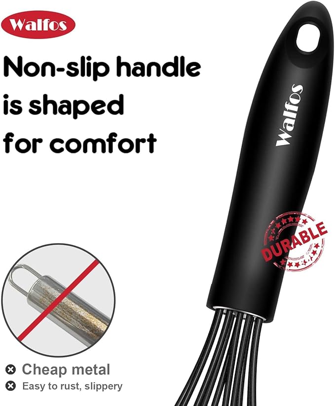 Walfos Whisk,Silicone Whisk Set of 4 Non-Scratch Silicone Coated Whisks for cooking.BPA Free and Dishwasher Safe 5+7+9+11in wisk Nice for Blending Beating Stirring and Mixing (Black)