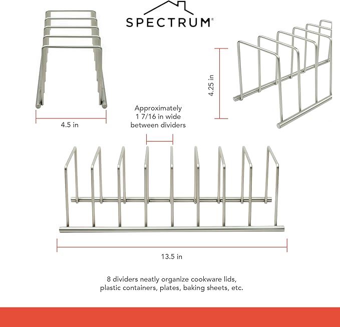 Spectrum Euro Cutting Board Holder Stand for Countertop or Inside Kitchen Cabinet Organization Satin Nickel, 8 Slot Cutting Board Drying Rack or Cabinet Plate Bakeware Storage Organizer