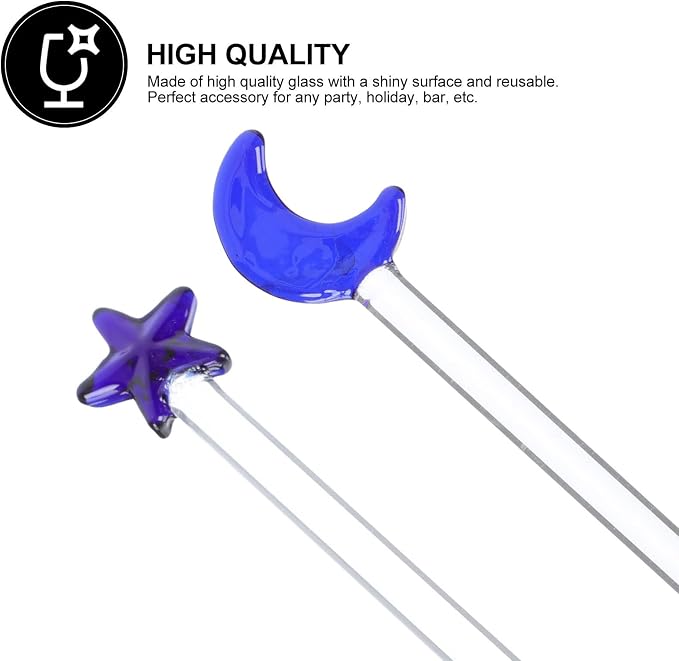 6pcs Glass Cocktail Stirrers Set Blue Star and Moon Designs, Reusable Swizzle - Image 9