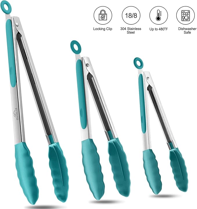 600ºF Heat Resistant Kitchen Tongs, Premium Locking Cooking Tongs with Silicone Tips, Non-Slip Food Tongs for Cooking, Non-Stick, Heavy Duty Stainless Steel Handle, Set of 3-7" 9" and 12" Aqua Sky