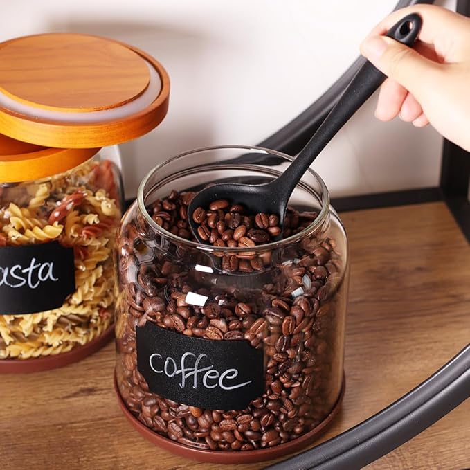 SAIOOL 2PCS Large Glass Storage Jars with Wooden Lids,Airtight Food Storage Containers, 3mm Thick Glass Kitchen Pantry Organization, Laundry Detergent Pods, with Scoop & Labels (67 FL OZ/2000 ml)