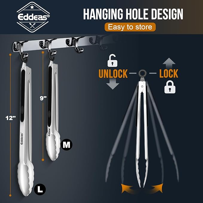 Kitchen Tongs - 9" and 12" Tongs for cooking, Heat Resistant 600 Degrees Stainless Steel Metal Tong and Non-Slip Handle - Perfect for Cooking, Salad and BBQ, Set of 2