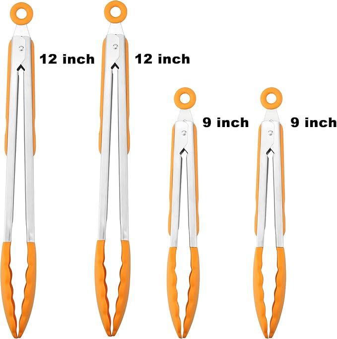 4 Pack Orange Kitchen Tongs, Premium Silicone BPA Free Non-Stick Stainless Steel BBQ Cooking Grilling Locking Food Tongs, 9-Inch & 12-Inch