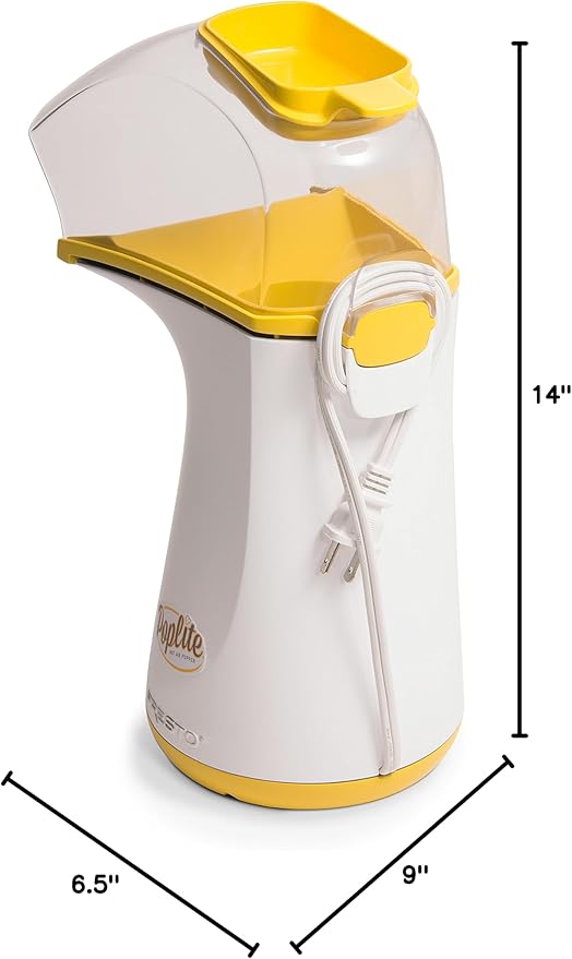 Presto 04820 Poplite Hot Air Popcorn Popper - Built-In Measuring Cup + Melts Butter, Easy to Clean, Built-In Cord Wrap, 18 Cups, Yellow