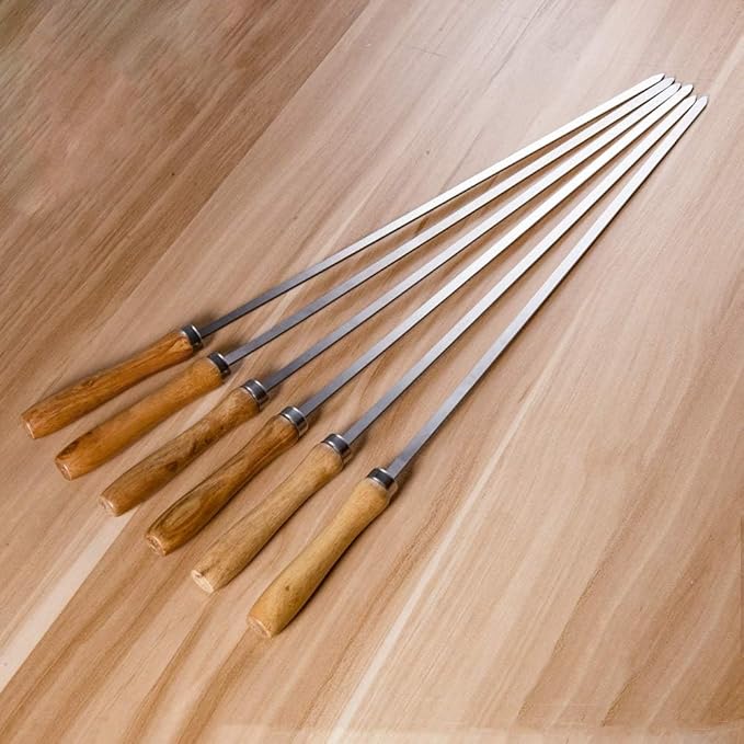 IMEEA Flat Skewers for Kabobs Stainless Steel Kebab Skewers for Grilling 16.5 Inch Barbecue Skewers with Nonslip Wooden Handle, Set of 6