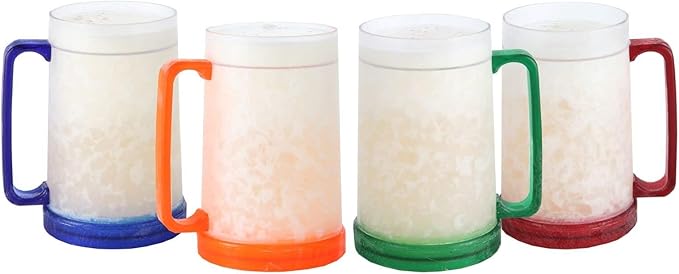 Lily's Home 16oz set of 4 Double Wall Gel-Filled Acrylic Freezer Stein Mugs, Great as Old Fashion Drinking Glasses at BBQs and Parties, Clear with Assorted Color Accents