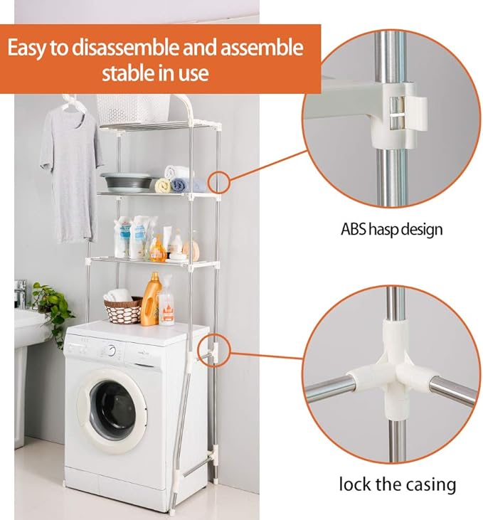 BAOYOUNI 3-Tier Laundry Room Shelf Over Washing Machine Storage Utility Rack Above Toilet Washer Dryer Clothes Hanger Width Adjustable Bathroom Organization Space Saving Shelving Units, Ivory